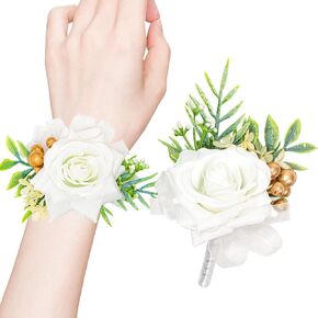 2 Pcs Blue Rose Wrist Corsage and Boutonniere Set, Rose Corsage Hand for Women, Boutonniere for Men Wedding Artificial Flowers Accessories Prom Decor, Wedding Flower Party Accessories