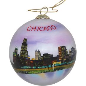 Blown Glass Christmas Ornament | Chicago, Illinois Skyline Dusk | Hand Painted Inside | Original Art | Includes Gift Box