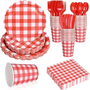175Pcs Gingham Party Supplies for 25 Guests Scalloped Plates and Napkins set Pink and White Paper Plates Disposable Plaid Cocktail Napkin Checkered Dinner Party Set Cutlery for Baby Shower Wedding