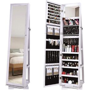 DlandHome Jewelry Armoire with Full Length Mirror 360°Rotatable Jewelry Organizer Cabinet Lockable with Storage Shelf,Brown