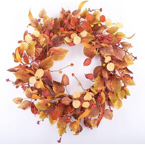 اكاليل الخريف 22 بوصة للباب الأمامي مع أوراق الأوكالبتوس الذهبية الاصطناعية وفروع الكرمة الجافة - ديكورات نافذة الشرفة المنزلية في الداخل/الخارج لمهرجان عيد الشكر... in Kuwait