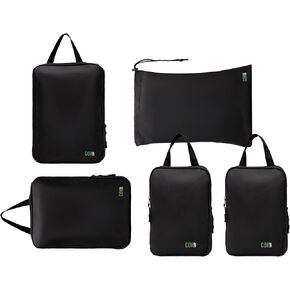 Compression Packing Cubes Travel Organizers plus Laundry or Shoe Bag with YKK Zippers (Black, 6 Piece)