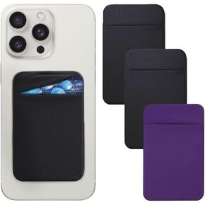 3 Pack Cell Phone Card Holder Pocket for Back of Phone - Stretchy Stick-On Wallet Credit Card ID Case Pouch Sleeve with Sticker and Flap for iPhone and Samsung Galaxy - 2 Black + 1 Navy Blue