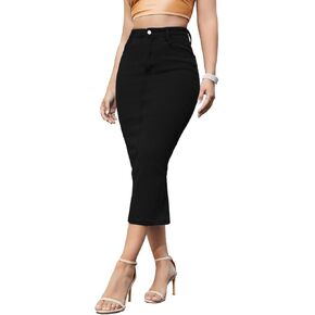 Women's Long Jean Skirts Stretch Denim Midi Skirts with Back Slit Bodycon Mid Waisted Pencil Skirts with Pockets