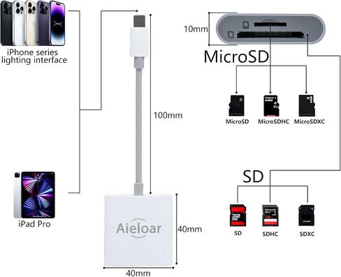 Aluminum SD Card Reader for iPhone/Ipad, Aieloar 2-in-1 Memory Card Reader,Plug and Play in Kuwait