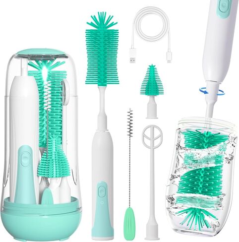 Electric Bottle Brush Cleaner, Electric Baby Bottle Cleaner with Replaceable Silicone Bottle Brushes,Nipple and Straw Brush, Travel Bottle Brush Set with Drainage Rack and Storage Box in Saudi Arabia