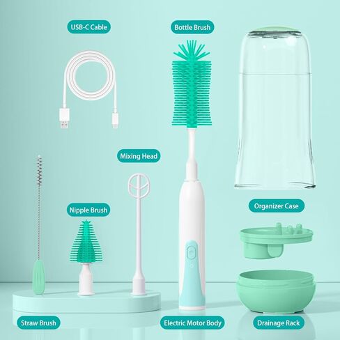 Electric Bottle Brush Cleaner, Electric Baby Bottle Cleaner with Replaceable Silicone Bottle Brushes,Nipple and Straw Brush, Travel Bottle Brush Set with Drainage Rack and Storage Box in Saudi Arabia