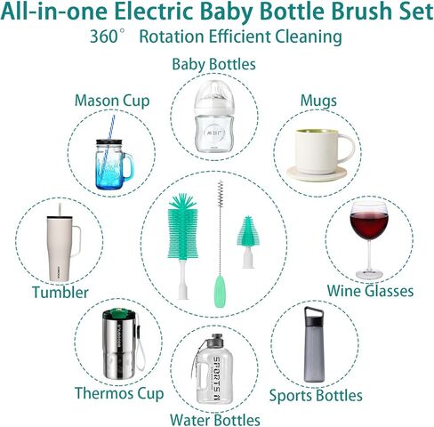 Electric Bottle Brush Cleaner, Electric Baby Bottle Cleaner with Replaceable Silicone Bottle Brushes,Nipple and Straw Brush, Travel Bottle Brush Set with Drainage Rack and Storage Box in Saudi Arabia
