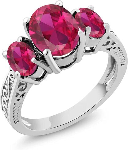 Gem Stone King 925 Sterling Silver Gemstone Birthstone 3-Stone Ring | Oval 9X7MM and 6X4MM | Three Stone Wedding Engagement Anniversary Promise Ring For Women in Saudi Arabia