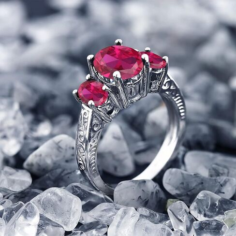 Gem Stone King 925 Sterling Silver Gemstone Birthstone 3-Stone Ring | Oval 9X7MM and 6X4MM | Three Stone Wedding Engagement Anniversary Promise Ring For Women in Saudi Arabia