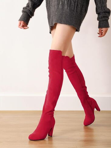 Shoe'N Tale Women Faux Suede Chunky Heel Stretch Over The Knee Thigh High Boots in Kuwait