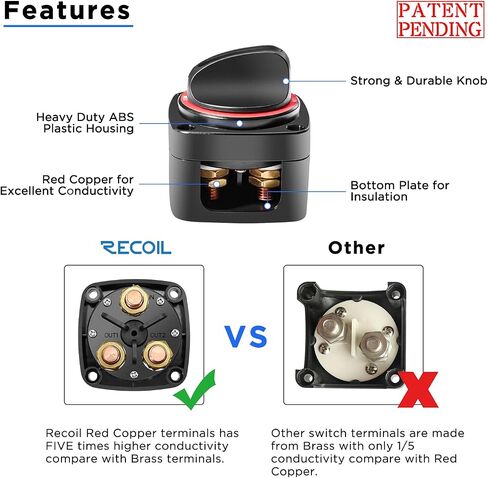 Recoil Battery Switch BS2L, 250A DC 12V-48V On-Off 2-Position, Built-in LED Indicator Knob, Heavy Duty Battery Master Switch, Battery Isolator, Power Cut Off Switch for RV Truck Trailer Marine Boat in Saudi Arabia