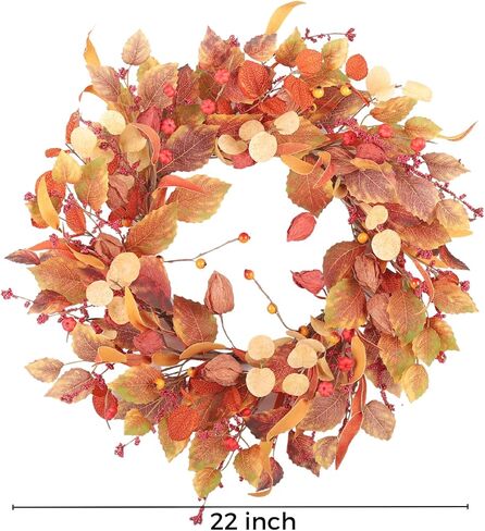 اكاليل الخريف 22 بوصة للباب الأمامي مع أوراق الأوكالبتوس الذهبية الاصطناعية وفروع الكرمة الجافة - ديكورات نافذة الشرفة المنزلية في الداخل/الخارج لمهرجان عيد الشكر... in Kuwait