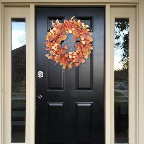 اكاليل الخريف 22 بوصة للباب الأمامي مع أوراق الأوكالبتوس الذهبية الاصطناعية وفروع الكرمة الجافة - ديكورات نافذة الشرفة المنزلية في الداخل/الخارج لمهرجان عيد الشكر... in Kuwait