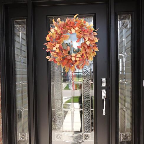 اكاليل الخريف 22 بوصة للباب الأمامي مع أوراق الأوكالبتوس الذهبية الاصطناعية وفروع الكرمة الجافة - ديكورات نافذة الشرفة المنزلية في الداخل/الخارج لمهرجان عيد الشكر... in Kuwait
