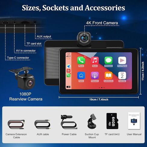 10.26" Touchscreen Car Stereo with Wireless Apple CarPlay & Android Auto, 4K Dash Cam, 1080P Backup Camera, Bluetooth, AUX/FM, Mirror Link, GPS Navigation, Loop Recording, Voice Control in Saudi Arabia