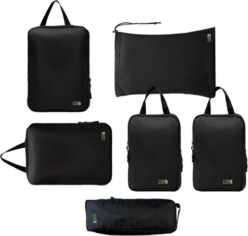 Compression Packing Cubes Travel Organizers plus Laundry or Shoe Bag with YKK Zippers (Black, 6 Piece) in Saudi Arabia