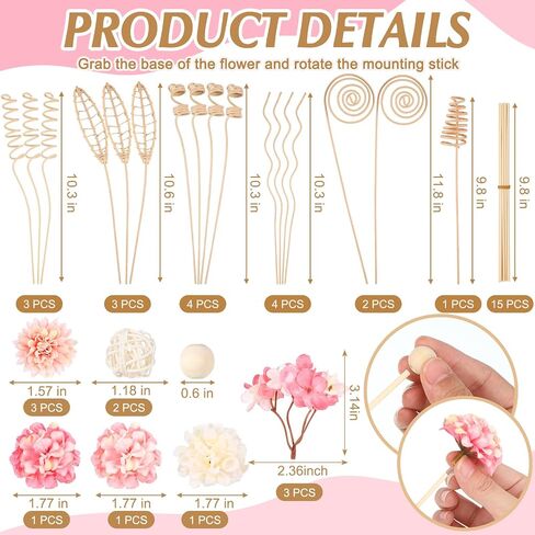Queekay 32 Pcs Reed Diffuser Stick Set Include 6 Style Natural Rattan Flower Reed Fragrance Diffuser, 4 Style Sola Flower Reed Diffuser Stick, Fragrance Diffuser Replacement for Home Fragrance Decor in Saudi Arabia