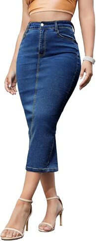 Women's Long Jean Skirts Stretch Denim Midi Skirts with Back Slit Bodycon Mid Waisted Pencil Skirts with Pockets in Saudi Arabia