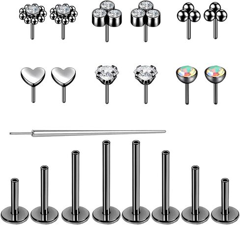 16G/18G Surgical Steel Push in Flat Back Earrings Stud Threadless CZ Nose Studs Rings Tragus Labret Cartilage Lip Medusa Conch Hypoallergenic Body Piercing Jewelry for Women Men in Saudi Arabia
