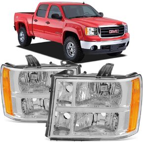 Headlight Assembly Compatible with 2007-2013 GMC Sierra 1500/2007-2014 Sierra 2500HD 3500HD Headlamps Replacement, Chrome Housing Clear Lens (Does Not Fit 2007 Classic Styles)