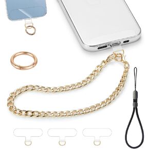 2 pcs Phone Charm with Gold Metal Chain Detachable Phone Lanyard Hand Wrist Smartphone Strap Adjustable Phone Grip Strap with 3 Patches Tether Universal for iPhone 15 Pro Max 14 13 11 Charms