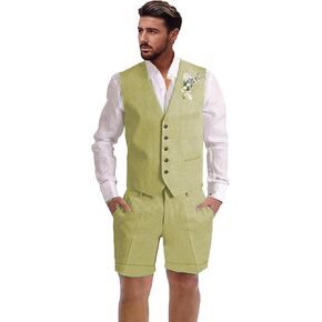 Mens Linen Suit 2 Piece Short Suits for Men Casual Summer Beach Wedding Suit Linen Vest Shorts Set