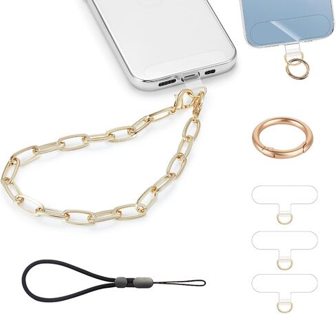 2 pcs Phone Charm with Gold Metal Chain Detachable Phone Lanyard Hand Wrist Smartphone Strap Adjustable Phone Grip Strap with 3 Patches Tether Universal for iPhone 15 Pro Max 14 13 11 Charms in Kuwait