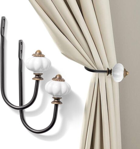 Curtain Holdback, 2pcs Wall Mounted Drapery Tiebacks with White Pumpkin, Heavy Duty Metal Decorative Window Drapery Curtain Holder Curtain Hooks with Screws (White Pumpkin) in Saudi Arabia