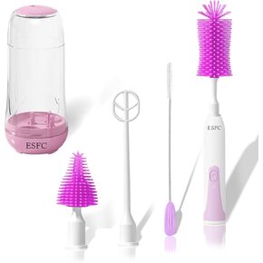 ESFC Portable Electric Baby Bottle Brush Set with Electric Bottle Brush,Nipple/Straw Brush,Milk Frother and Drying Base,Waterproof IPX7,Rechargeable Travel Bottle Cleaning Kit,Green