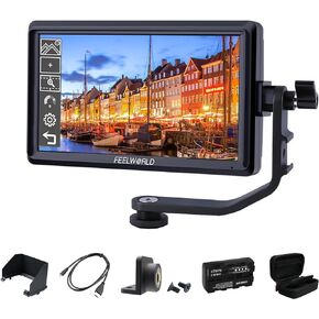 FEELWORLD S55 V2 5.5 Inch DSLR Camera Field Monitor with Battery Carry Case Bundle FHD IPS Camera Monitor Support 4K HDMI Input Output Tilt Arm Power Output