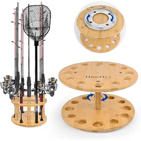 NBINGB Fishing Rod Holders for Garage 360 Degree Rotating Fishing Pole Rack, Floor Stand Holds up to 12 Rods Bamboo Wood Fishing Gear Equipment Storage Organizer, Fishing Gifts for Men