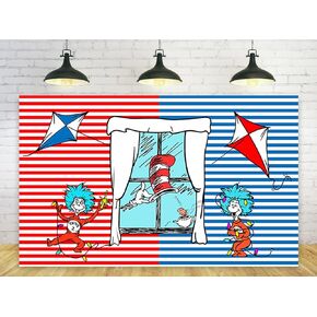 Red and Blue Stripes Backdrop Party Supplies Dr Seuss Birthday Theme Photo Background Cat in The Hat Banner for Birthday Party Cake Table Decoration 5x3ft