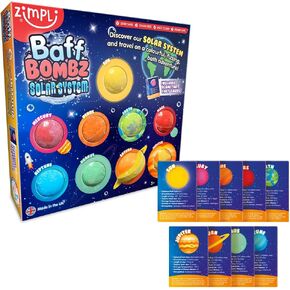 Zimpli 9 x Solar System Bath Bombs Gift Set, 9 x Planetary Fact Cards, Educational Planet Bath Bombs for Children, Science Kits for Boys & Girls, Bath Toy Birthday Presents