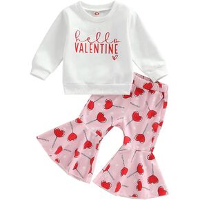 KtwHarnu Toddler Baby Girl Valentines Day Outfit Letter Print Long Sleeve Crewneck Sweashirt Top Heart Bell Bottom Pants Set