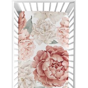 Sweet Jojo Designs Blush Pink Boho Shabby Chic Floral Girl Baby Fitted Crib Sheet Infant Newborn Nursery Toddler Bed Room Standard Mattress Off White Bohemian Vintage Watercolor Large Flower Elegant
