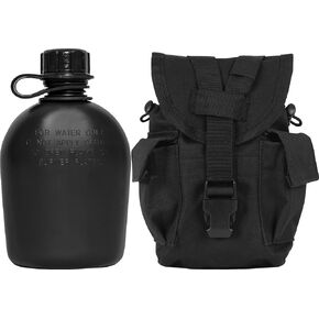 Army Universe Black Genuine GI 1 Quart Plastic Canteen & Black MOLLE II Canteen Cover & Utility Pouch