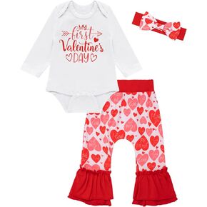 bakjuno Baby Girl My First Valentine's Day Outfit Set Newborn Long Sleeve Tops Cute Pants with Headband