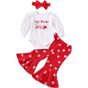 My First Valentines Day Baby Girl Outfit Ribbed Romper + Flared Pants +Headband Newborn Valentines Day Clothes in Kuwait