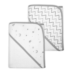TL Care Terry 2 Pack Hooded Towels Made with Organic Cotton, Grey Stars/Grey Zigzag, for Boys and Girls