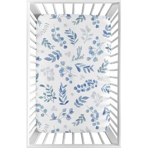Sweet Jojo Designs Floral Leaf Boy or Girl Fitted Mini Crib Sheet Baby Nursery for Portable Crib or Pack and Play - Blue Grey and White Boho Watercolor Botanical Flower Woodland Tropical Garden