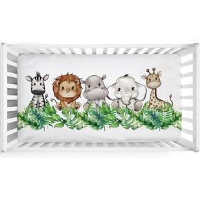 Baby Jungle Safari Animals Eucalyptus Leaves Baby Crib Sheet 52''x28'' Lion Hippo Elephant Giraffe Zebra Fitted Crib Sheet for Standard Crib and Toddler Mattresses Soft Nursery Bed Sheets for Boy Girl