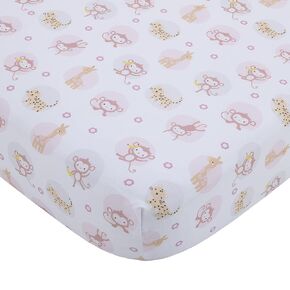 Little Love by NoJo Sweet Jungle Friends Pink, White and Tan, Monkey, Cheetah and Giraffe Super Soft Fitted Crib Sheet