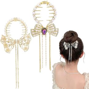 2 Pcs Pearl Flower Ponytail Buckle Hair Clip Flower Ponytail Hair Claws Clip Flower Tassel Ponytail Hair Clips High Ponytail Hair Cuff Metal Hair Bun Clips Barrettes Accessories for Women Girls