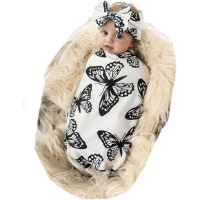 Galabloomer Receiving Blanket Headband Set Flower Print Baby Swaddle Receiving Blankets (Black Butterfly)