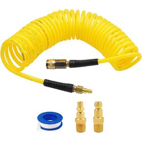 WNCGC 25ft Polyurethane Recoil Air Hose 1/4" Inner Diameter Heavy Duty Air Compressor Hose with Bend Restrictor and 1/4" Industrial Universal Quick Coupler and I/M/T/A Plug, Yellow
