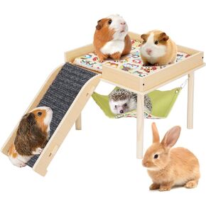 Guinea Pig Hammock with Platform, Wooden Guinea Pig Hideout with Ramps, Guinea Pig Castle with Stairs for Small Animals Hamsters Chinchilla Hedgehog Rat Ferret Bunny