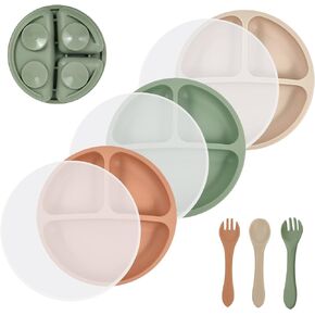 Sibosen 3 Pack Toddler Plates, Suction Plates for Baby with Lids and Untensils, 100% Food-Grade Silicone, Divided Design, Non-Slip, Microwave & Dishwasher Safe