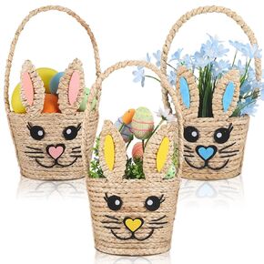 3 Pack Easter Basket with Handle S, M and l Bunny Basket for Kids Rabbit Woven Basket Wicker Rattan Easter Candy Eggs Baskets Rabbit Picnic Hamper for Egg Hunt Party Gifts Storage