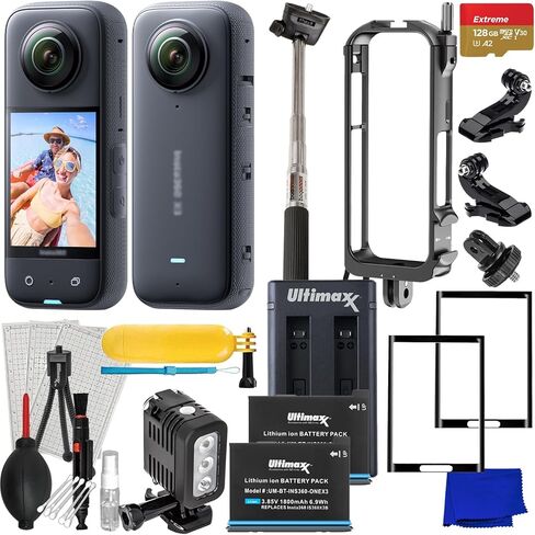حزمة Insta360 ONE X3 Ultimaxx Ultimate - تتضمن: 128 جيجابايت Extreme microSDXC، إطار معدني واقي، 2X واقيات شاشة من الزجاج المقوى، 2X بطاريات احتياطية مع شاحن مزدوج وأكثر من ذلك بكثير (حزمة 25 قطعة) in Kuwait